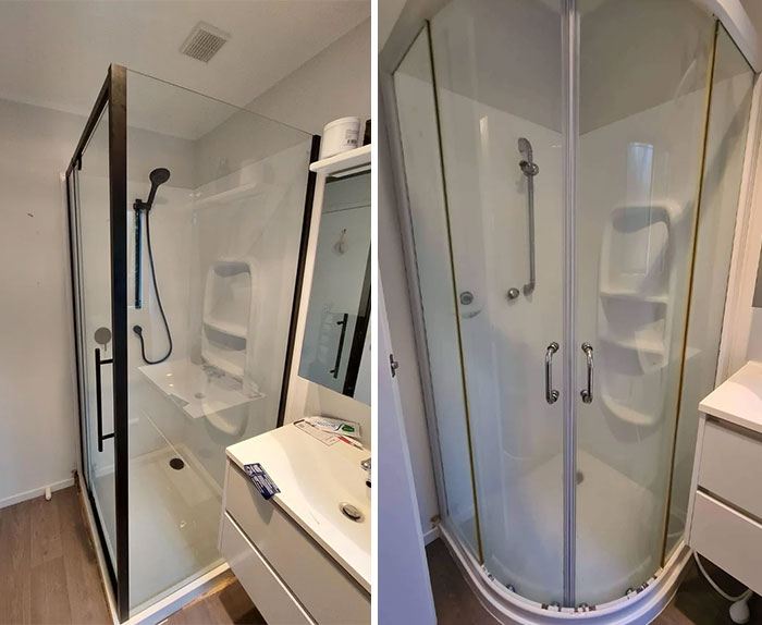 Before and after pics of a dated shower stall replaced with a modern, clear glass enclosure, highlighting DIY improvements.