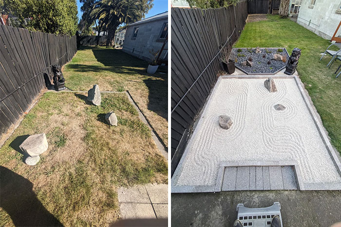 Before and after pics of a backyard transformed into a serene Zen garden, showcasing DIY improvements.