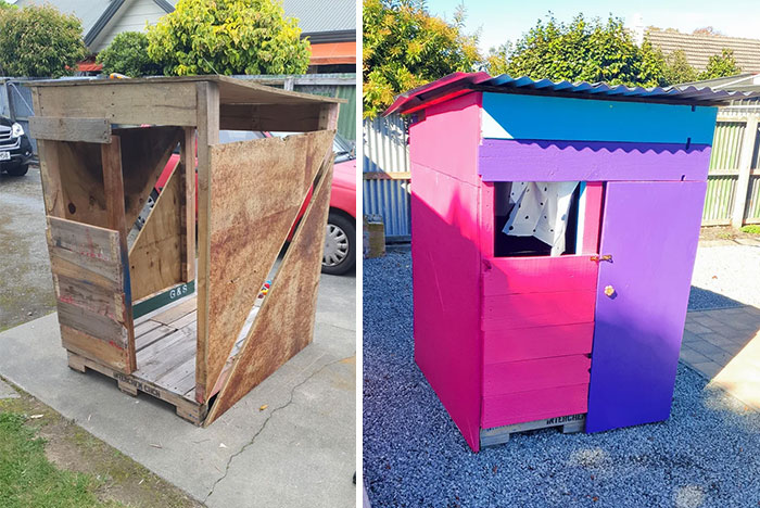Before and after pic showing a DIY improvement of a dilapidated wooden shed repainted in vibrant pink, purple, and blue.