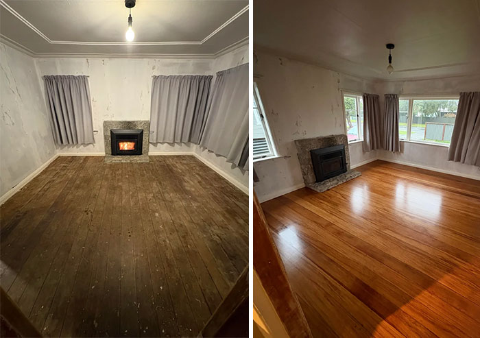 Before and after pics of DIY improvements, showing a room with refinished hardwood floors and fireplace.