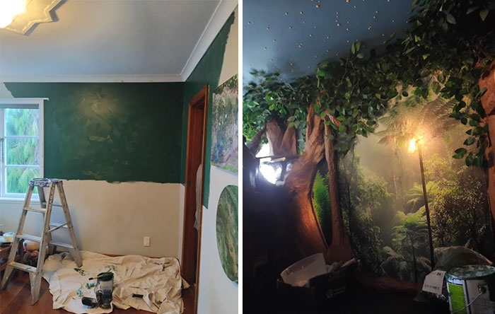 DIY improvements: Before and after pics of a bedroom transformed into a whimsical forest mural.