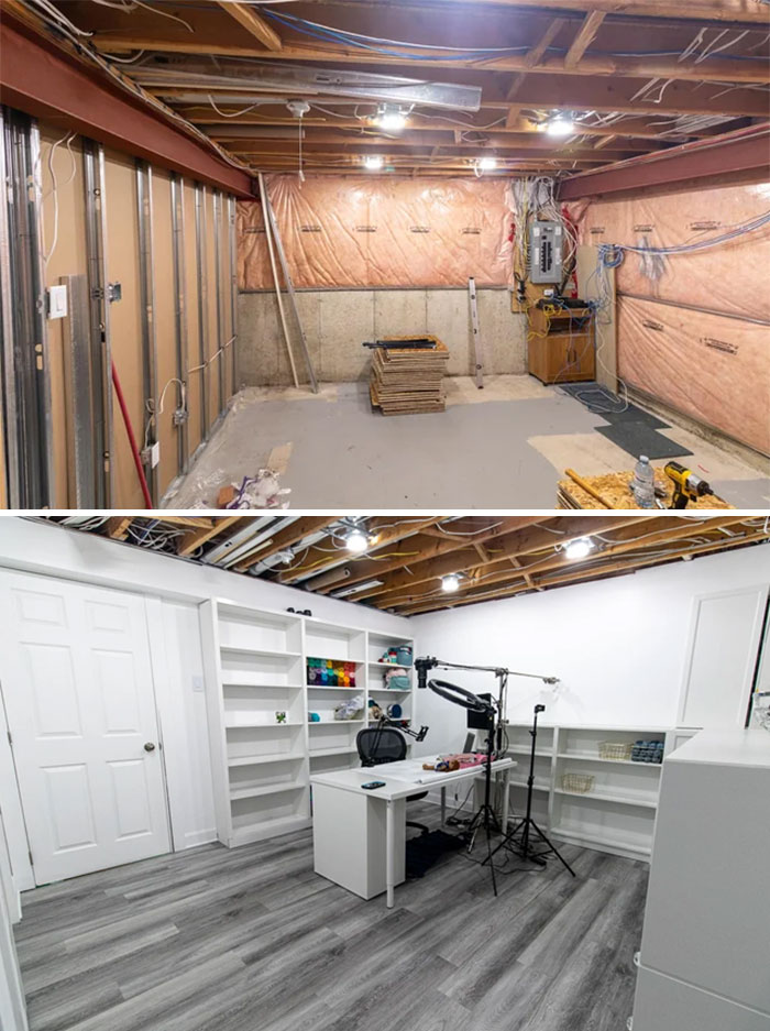 Before and after pics of a DIY basement improvement, transforming a storage area into a modern office.
