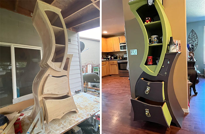 DIY improvements: A whimsical, curved bookcase before and after painting and decorating.