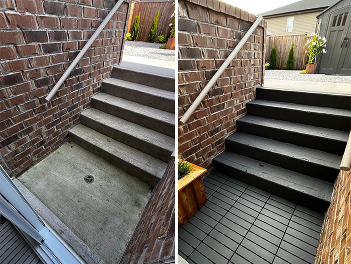 Before and after pic showing a DIY improvement of a concrete basement entryway with stairs updated with sleek black treads and flooring.