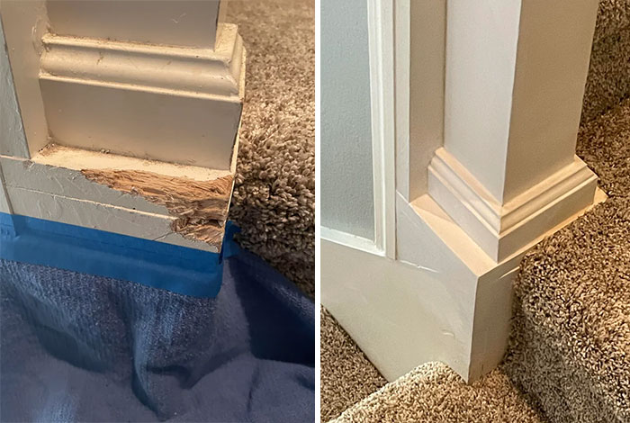 Before and after pic showing a DIY improvement of a damaged stair newel post repaired and painted to look new.