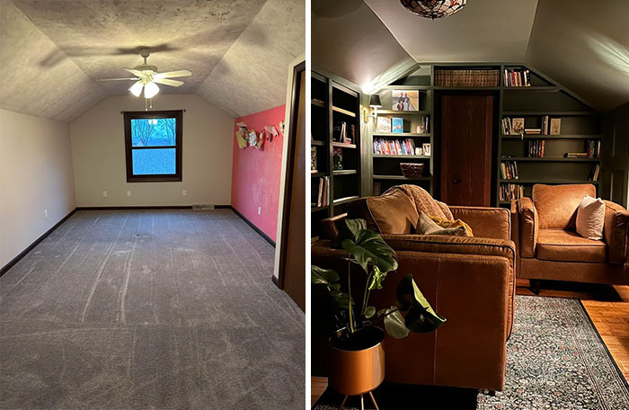 Before and after pic showing a DIY improvement of a drab attic room transformed into a cozy reading nook with built-in bookshelves.