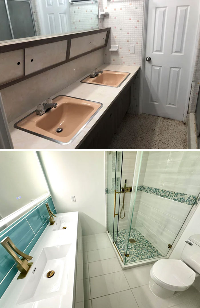 Before and after pics of a bathroom with DIY improvements, featuring modern sinks and a walk-in shower.