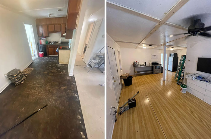Before and after pics of a room with DIY improvements, showing new flooring and an updated open layout.