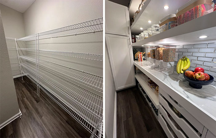 Before and after pics of a pantry with DIY improvements, transitioning from wire racks to organized shelving.