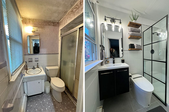 Before and after pics of a bathroom DIY improvement featuring a stylish vanity, new shower, and lighting.