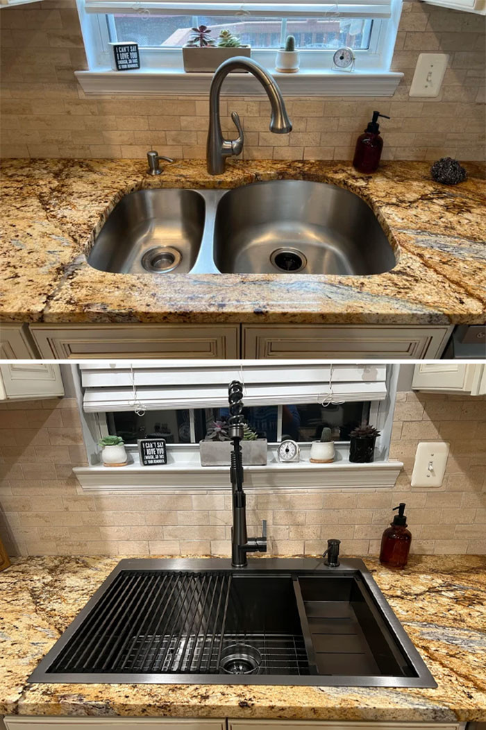 Before and after pics of a kitchen sink DIY improvement, upgrading from a double to a modern single basin.