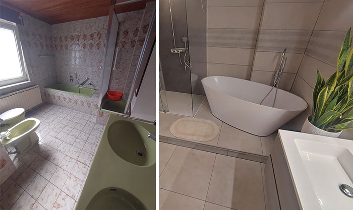 Before and after pics of a bathroom DIY improvement with new tiles, a modern bathtub, and a glass shower.