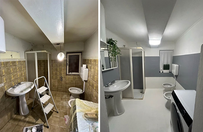 Before and after pics of DIY improvements in a bathroom, showing a modern renovation.