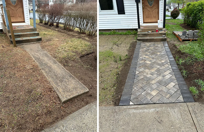 Before and after pics of a DIY improvement project, showing an old concrete path replaced by a new paved walkway.