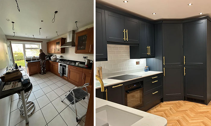 Before and after pics of a kitchen DIY improvement, transforming an old kitchen into a modern one with dark cabinets.