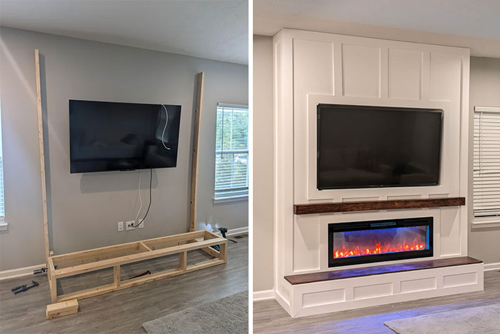 Before and after pics of a living room DIY improvement, showing a TV and fireplace unit built from scratch.