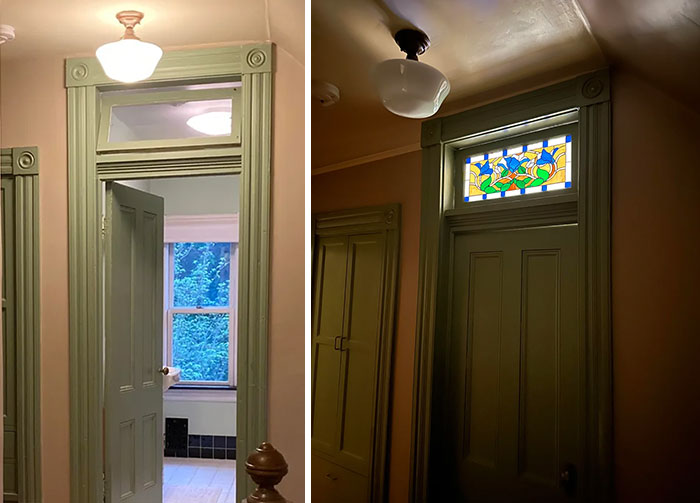 Before and after pics of DIY improvements, highlighting a door with a new stained glass transom.