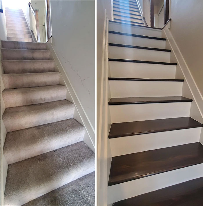 Before and after pics of a staircase DIY improvement, with old carpet removed and wooden stairs painted.