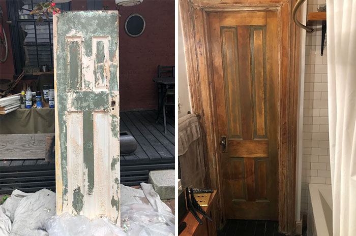 DIY improvements: A door before and after restoration, showcasing a remarkable transformation.