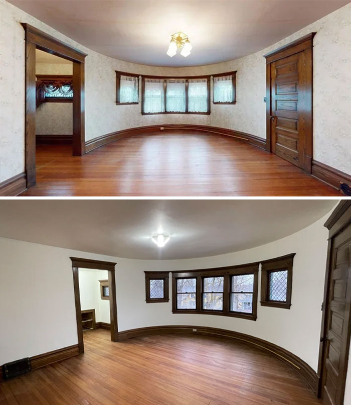 Before and after pics of a DIY home improvement showing a room with a curved wall, wood floors, and windows.