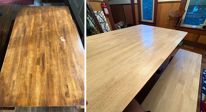 A wooden dining table before and after DIY improvements, showcasing a refinished, lighter wood surface.