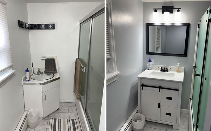 A bathroom before and after DIY improvements featuring a new vanity, mirror, and updated shower.
