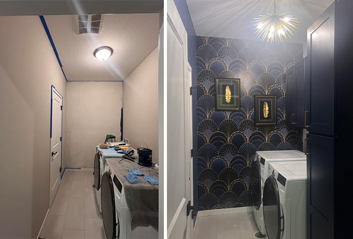 A laundry room before and after DIY improvements with new wallpaper, cabinets, and lighting.