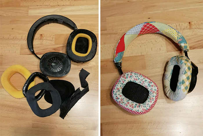 A before and after image of DIY improvements transforming old headphone parts into a colorful, fabric-covered pair.