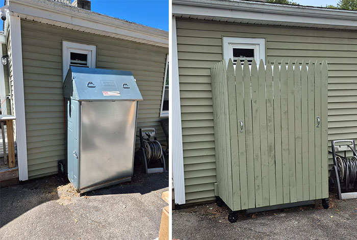 A before and after DIY improvements image showing a metal outdoor unit replaced with a wooden enclosure.