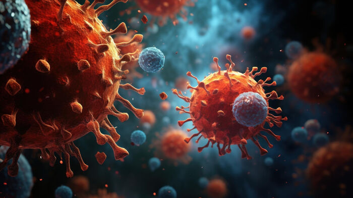 Microscopic view of red and blue virus cells, symbolizing medical challenges for patients.