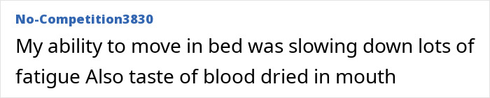 A screenshot of a Reddit comment from a user experiencing fatigue and a metallic taste in their mouth, potential cancer symptoms. A screenshot of a Reddit comment from a user experiencing fatigue and a metallic taste in their mouth, potential cancer symptoms.