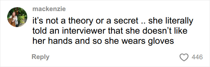 A user states Dolly Parton wears skin-colored gloves because she dislikes her hands, not for tattooed hands. A user states Dolly Parton wears skin-colored gloves because she dislikes her hands, not for tattooed hands.