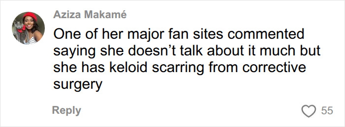 Screenshot of a comment suggesting Dolly Parton's skin-colored gloves cover keloid scarring. Screenshot of a comment suggesting Dolly Parton's skin-colored gloves cover keloid scarring.