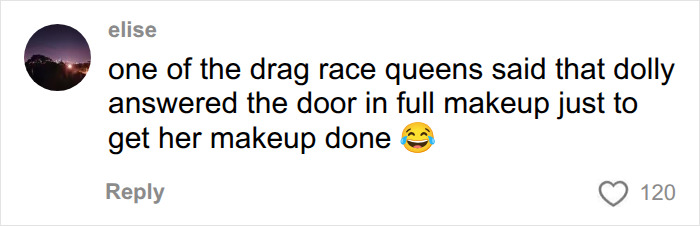 Social media comment about Dolly Parton's appearance, contrasting her iconic wigs with her real hair.