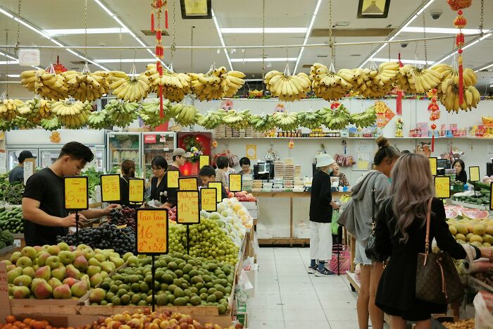 A bustling grocery store with fresh produce, a place where scary science facts about food are far from mind.