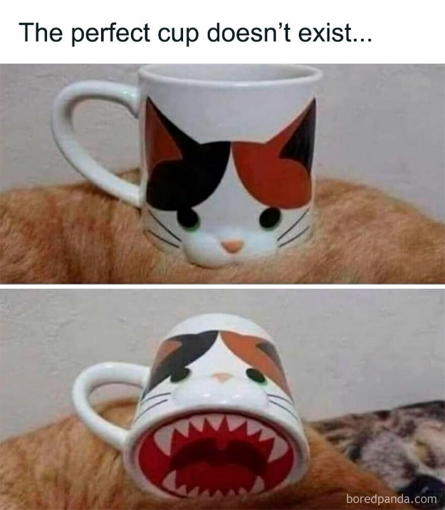 A playful cat-themed mug, appearing as a cute cat until it reveals a weird cat-like open mouth with teeth.