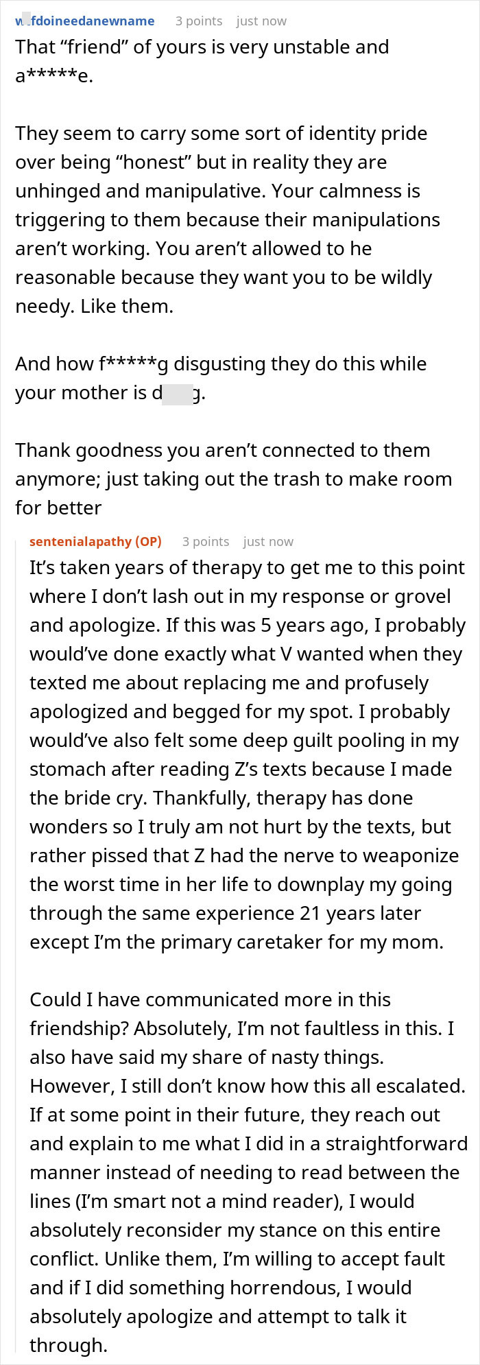 A screenshot of user comments on a friendship dispute, highlighting hurtful messages and the emotional impact of the friendship ending. A screenshot of user comments on a friendship dispute, highlighting hurtful messages and the emotional impact of the friendship ending.