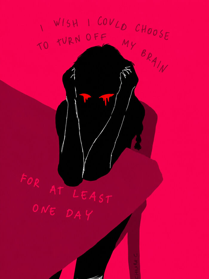 A woman illustrates modern society, a silhouetted figure with red, crying eyes, wishing to turn off her brain.
