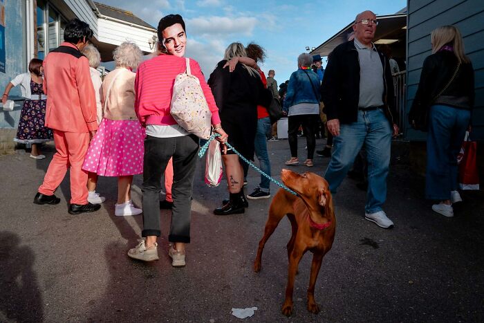 A person wearing an Elvis mask walks a dog on a leash in a street photography moment, adding comedy to art.