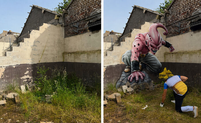French artist creating a mind-bending 3D illusion of Majin Buu on an ordinary wall.