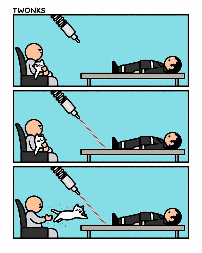 Funny cat comic by Steve Nelson of a cat controlled by a laser pointer to save a man from a syringe.