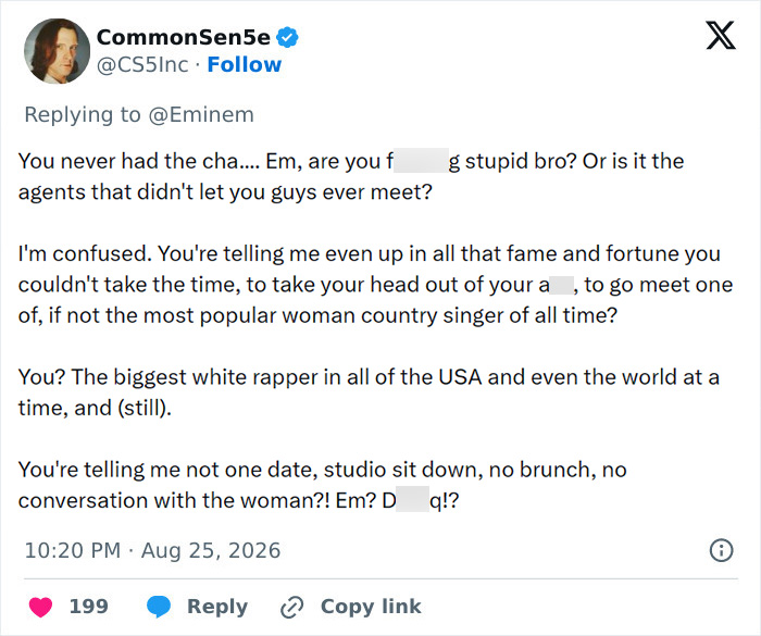 Screenshot of a tweet from CommonSen5e expressing confusion about Eminem and Dolly Parton.