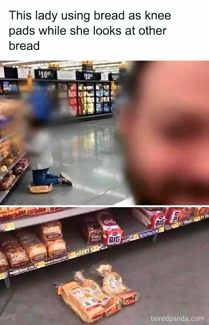 A woman kneeling on bread in a supermarket aisle, causing little hope for humanity.