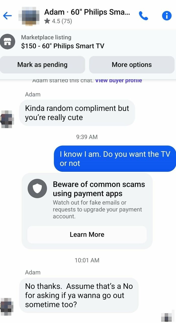 A chat conversation where a person selling a TV on Facebook Marketplace encounters an unwanted flirtatious advance, illustrating little hope for humanity.