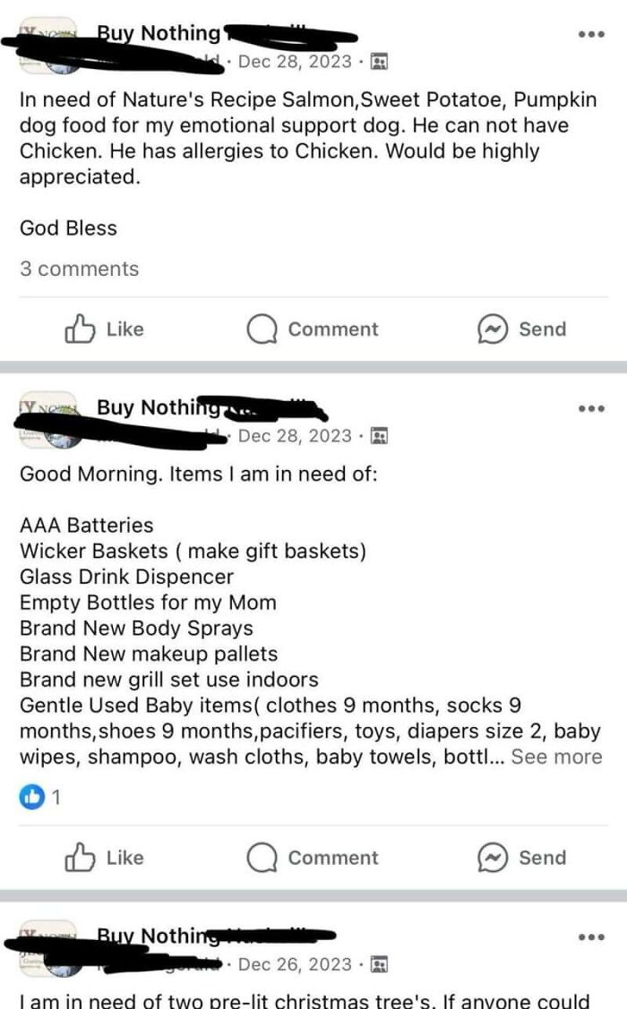 Screenshot of outrageous requests for free items on a Buy Nothing group, showing people who don't understand money works.