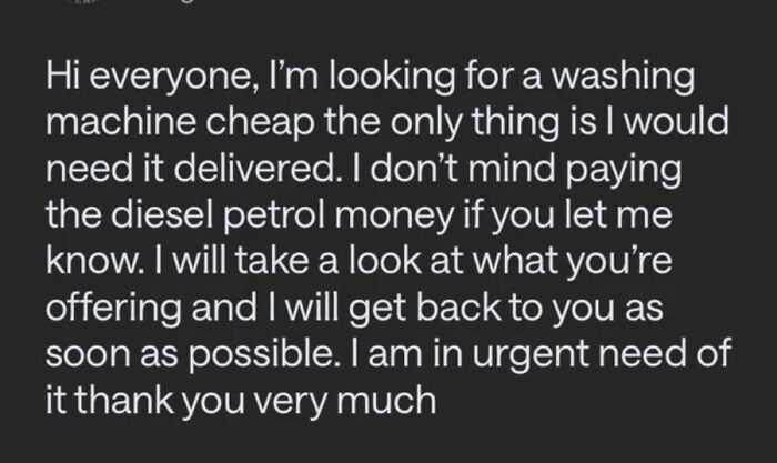A social media post with an outrageous request for a cheap washing machine that needs delivery.