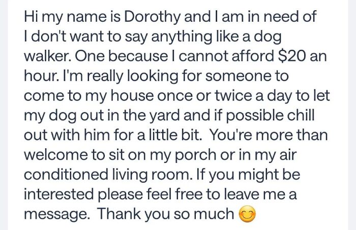A social media post with an outrageous request for free dog walking services due to not understanding money.