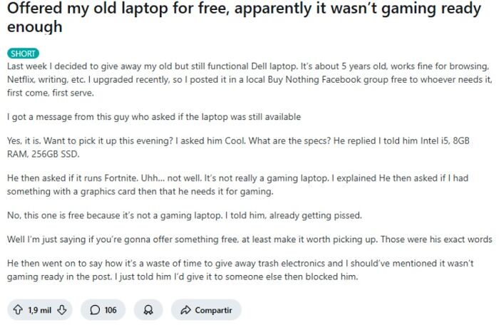 A screenshot of text about an outrageous request for a free laptop not being gaming ready, highlighting people who don't understand money.
