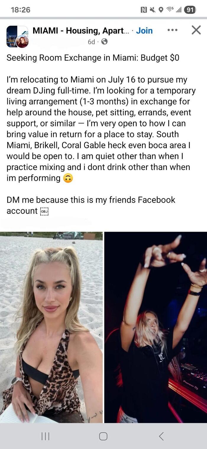An outrageous request on social media for a free room exchange in Miami in exchange for help around the house.