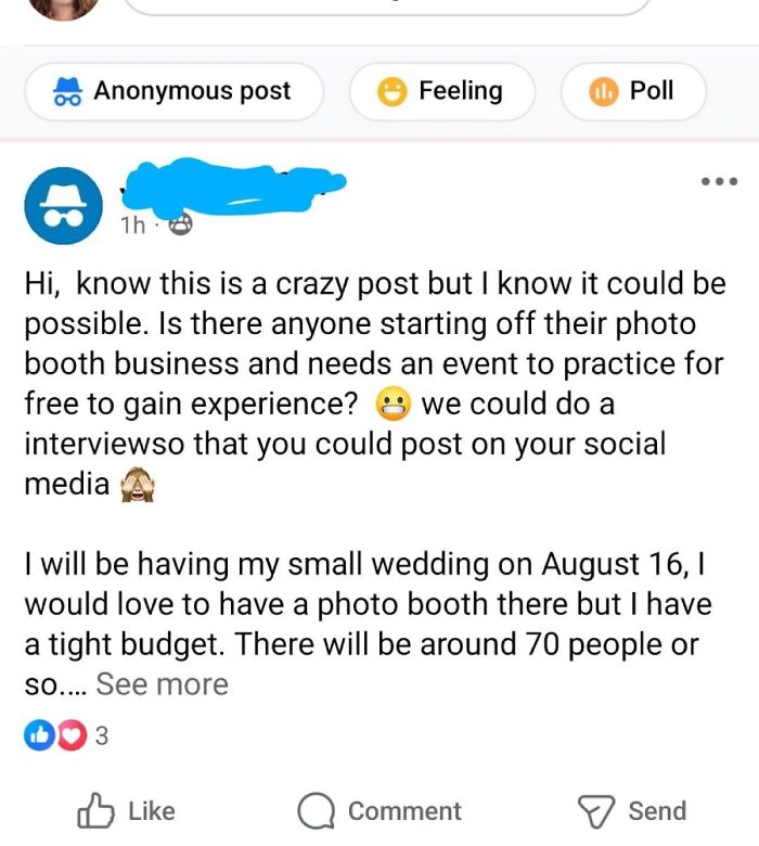 A social media post detailing an outrageous request for a free photo booth for a wedding, revealing people who don't understand money works.